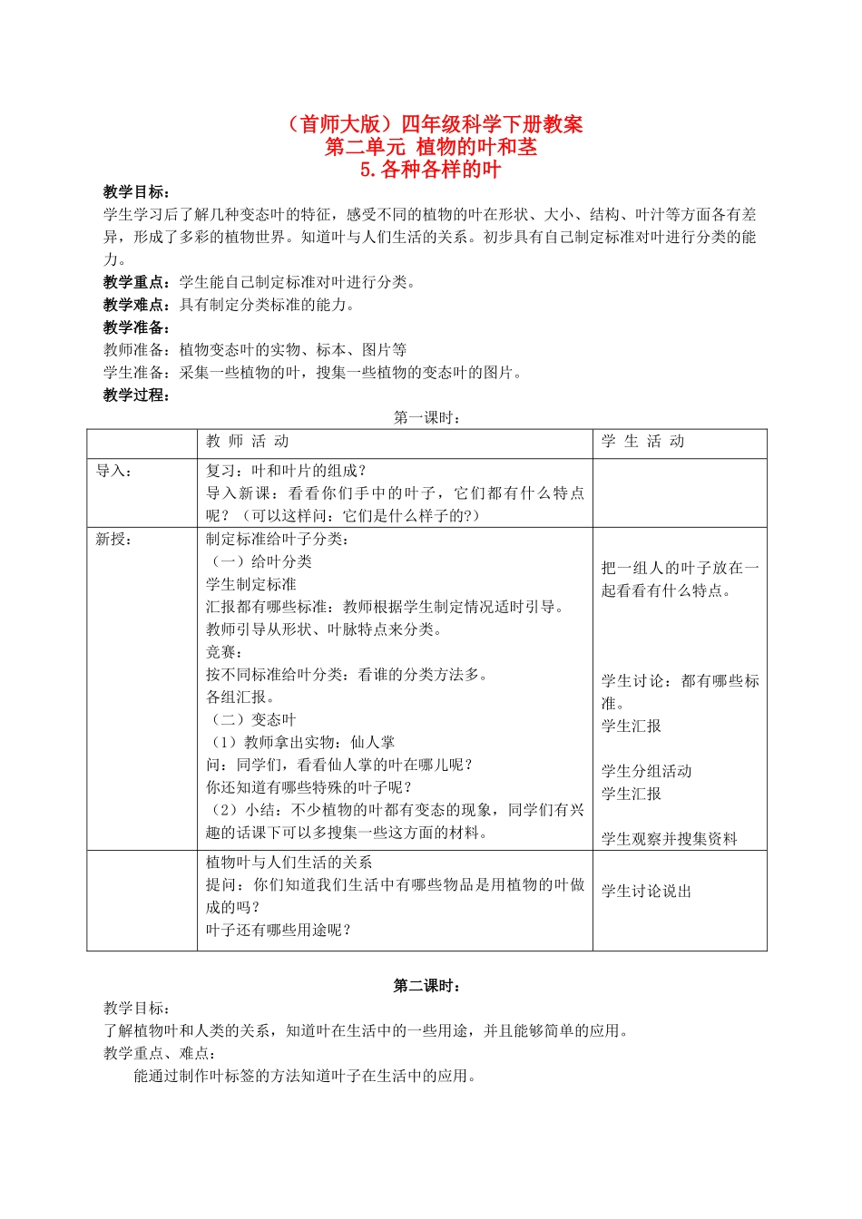 四年级科学上册 各种各样的叶 1教案 首师大版_第1页