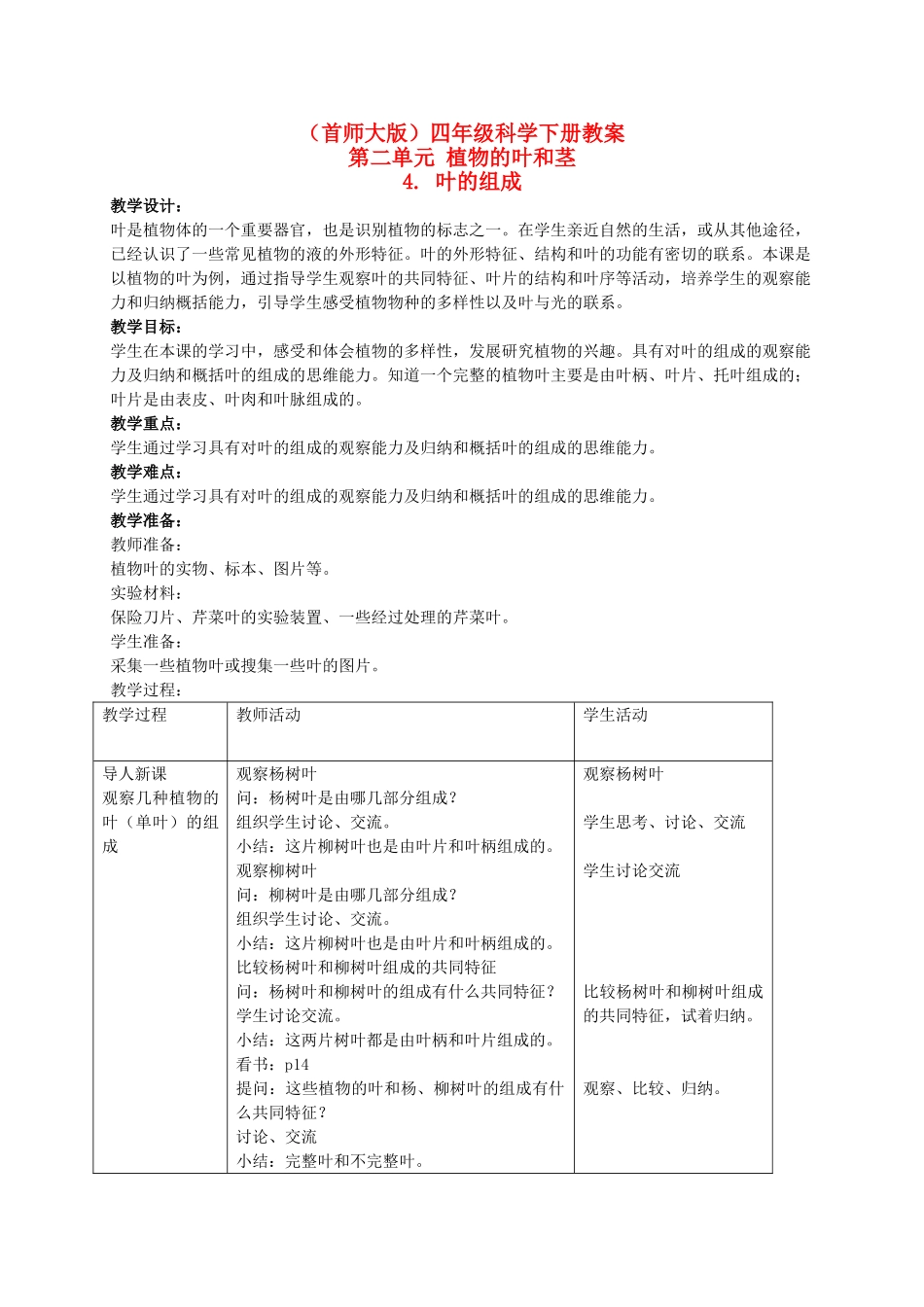 四年级科学上册 叶的组成 2教案 首师大版_第1页