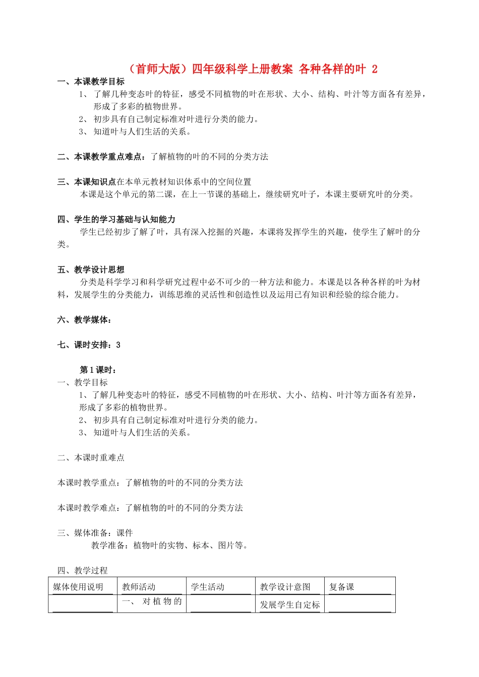 四年级科学上册 各种各样的叶 2教案 首师大版_第1页