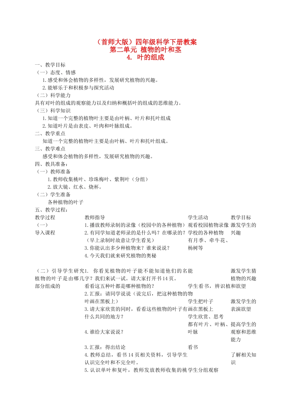 四年级科学上册 叶的组成 1教案 首师大版_第1页
