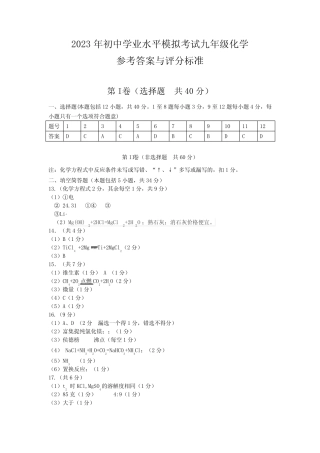 2023年中考化学模拟试题参考答案 