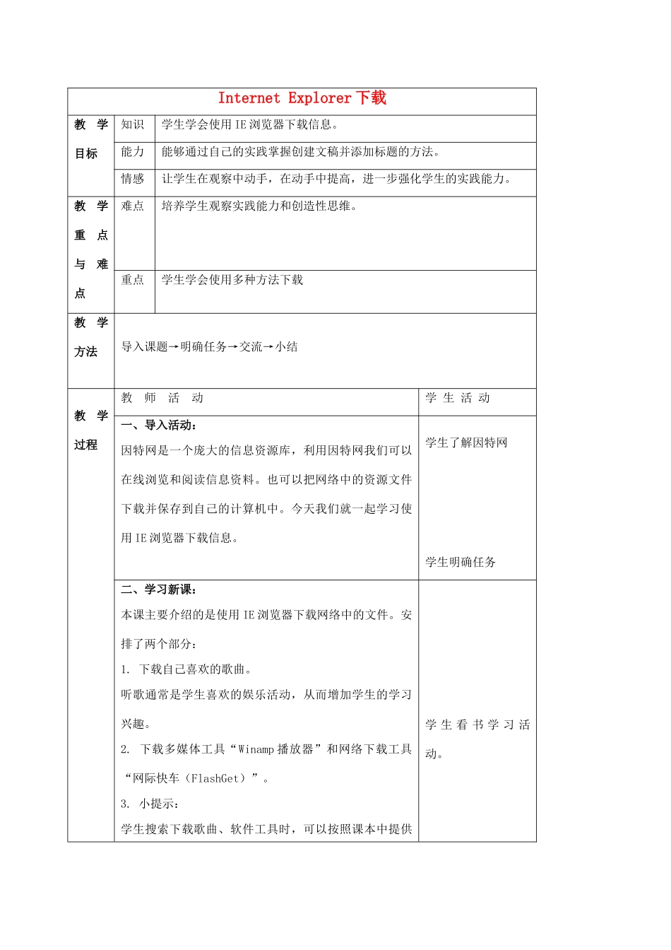 四年级信息技术上册 Internet Explorer下载 1教案 冀教版_第1页