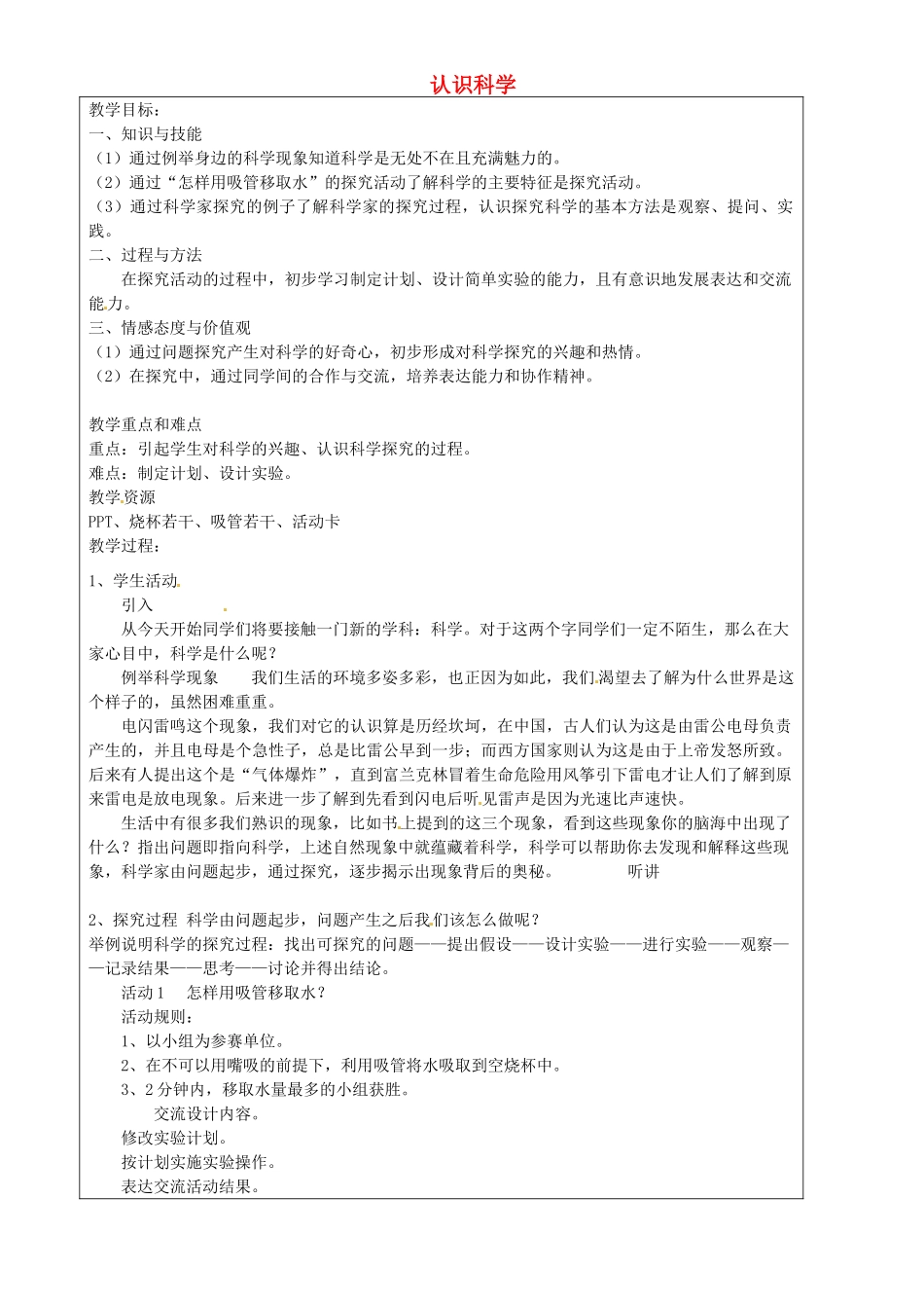 上海市罗泾中学六年级科学下册 认识科学教案 牛津上海版五四制_第1页