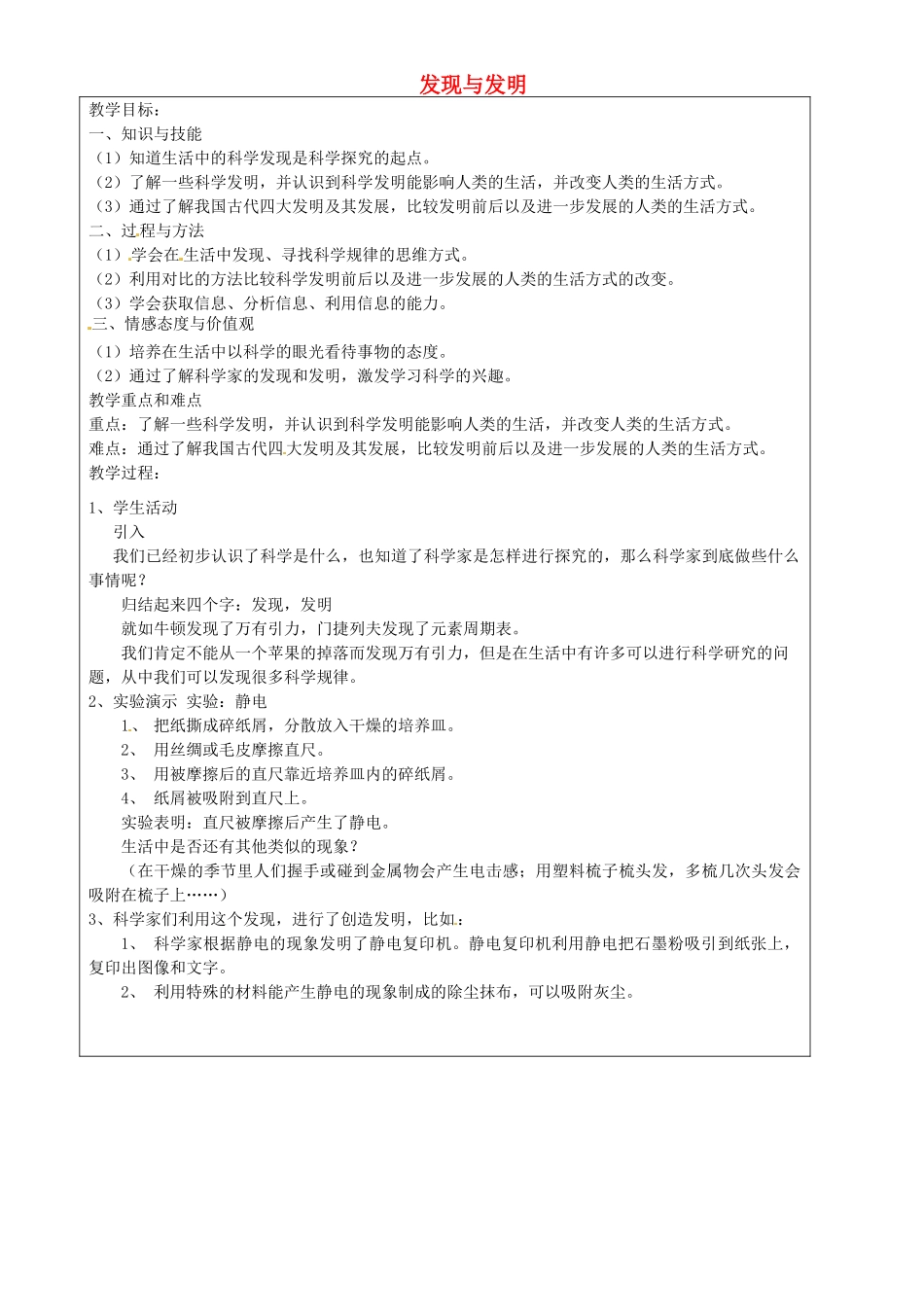 上海市罗泾中学六年级科学下册 发现与发明教案 牛津上海版五四制_第1页