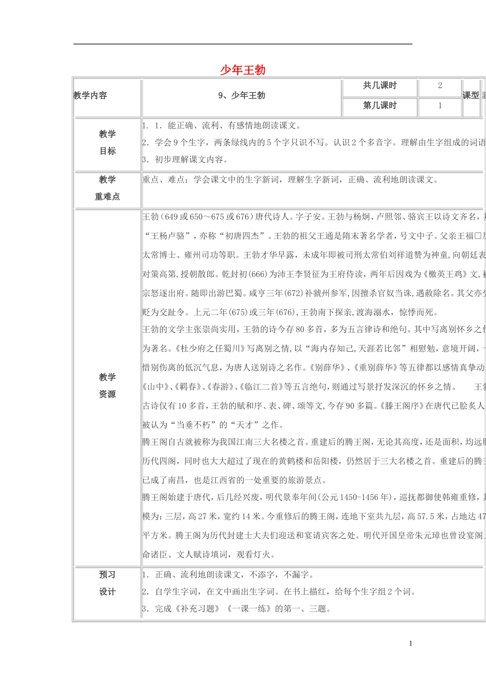 三年级语文下册《少年王勃》教学设计2 苏教版_第1页