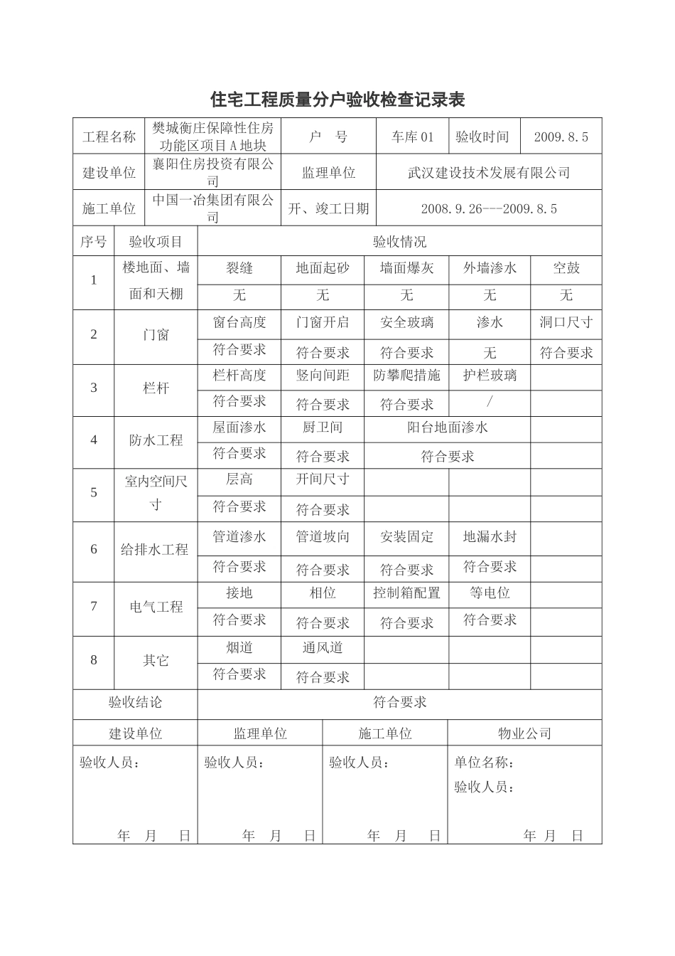 《住宅工程质量分户验收检查记录表》_第1页