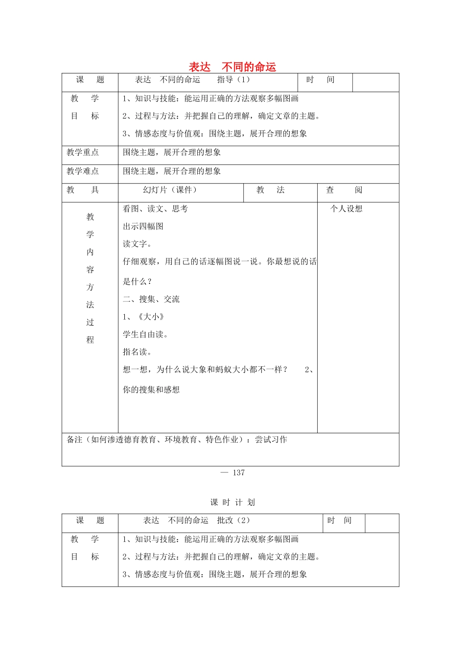 三年级语文下册 表达 不同的命运教案 长春版-长春版小学三年级下册语文教案_第1页