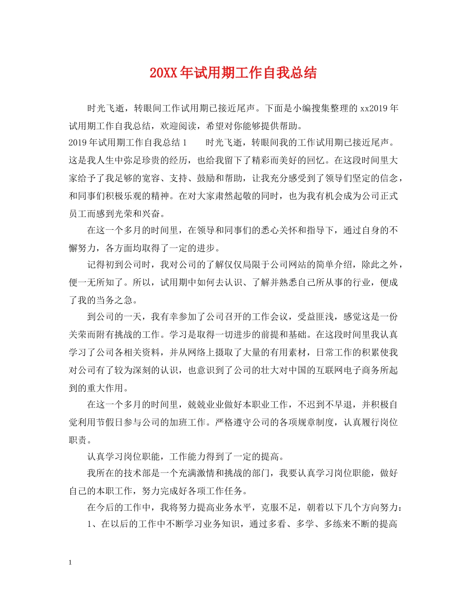 20XX年试用期工作自我总结 _第1页