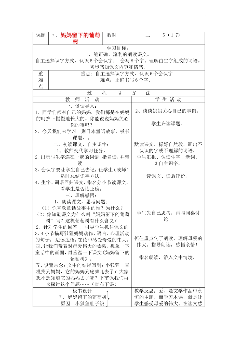 三年级语文下册 妈妈留下的葡萄树教案 语文A版_第1页