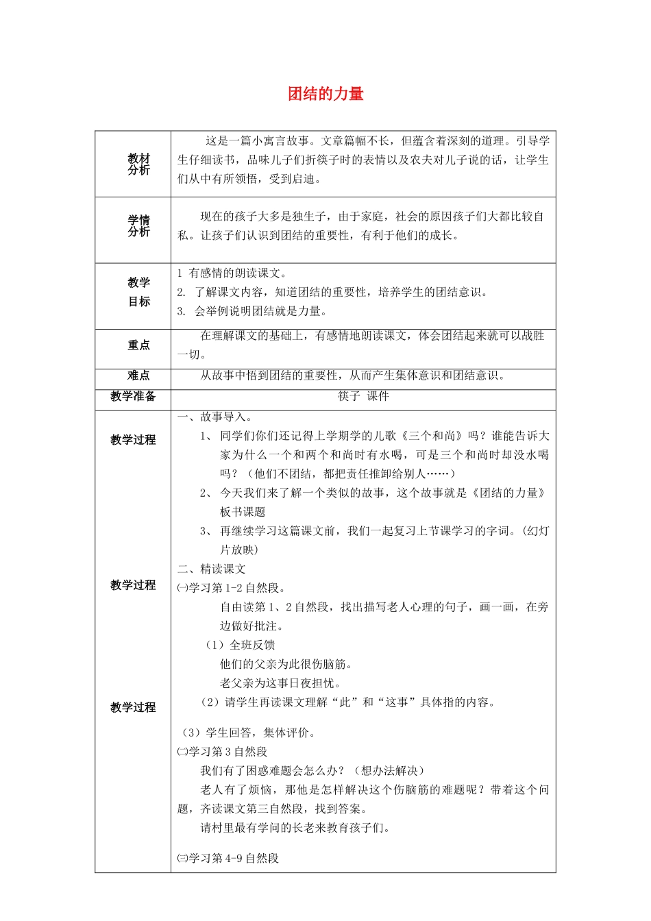 三年级语文上册《团结的力量》教案1 语文A版-语文A版小学三年级上册语文教案_第1页