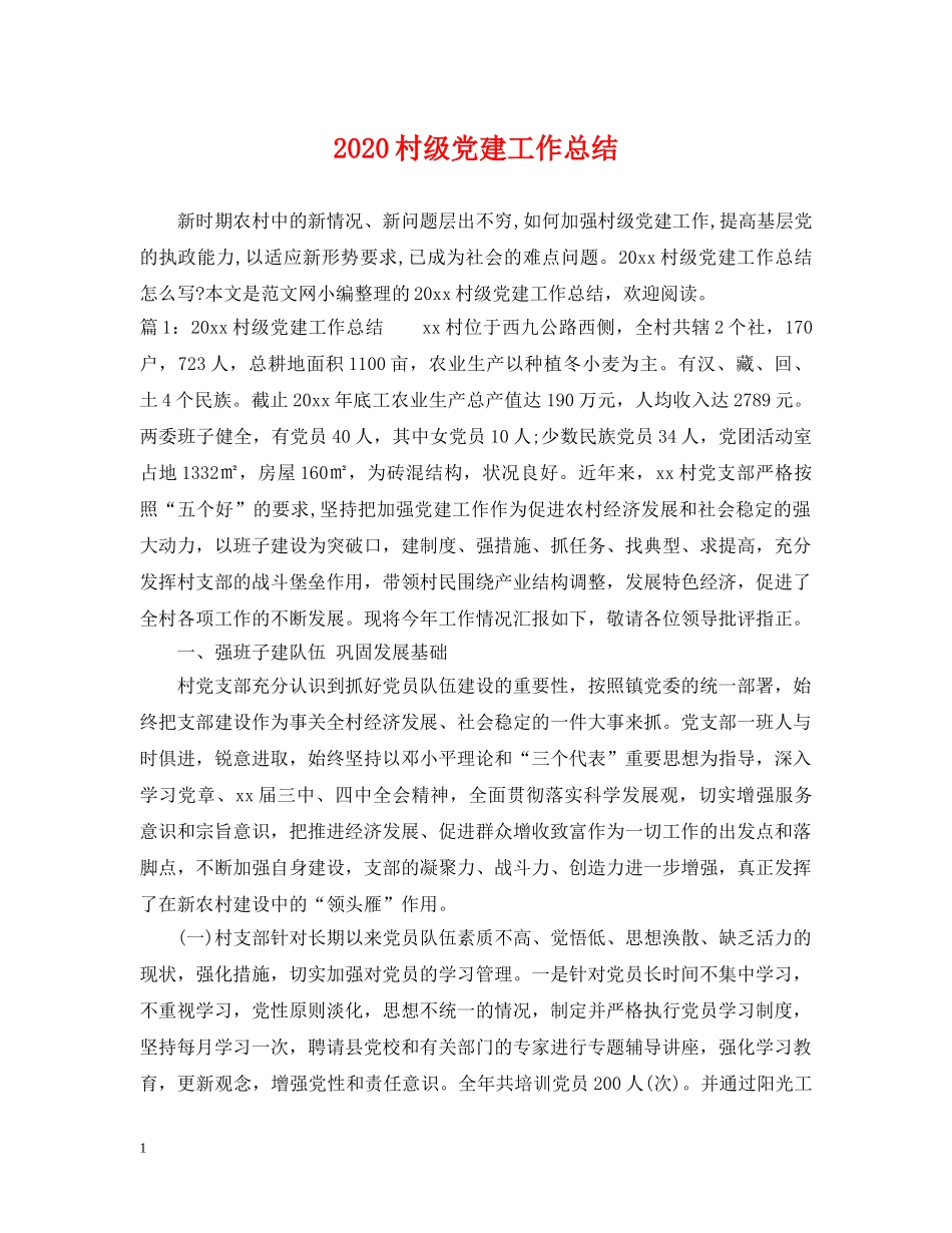 2020村级党建工作总结 _第1页