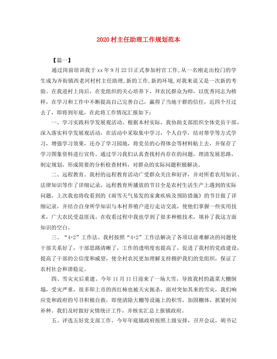 2020村主任助理工作规划范本 _第1页