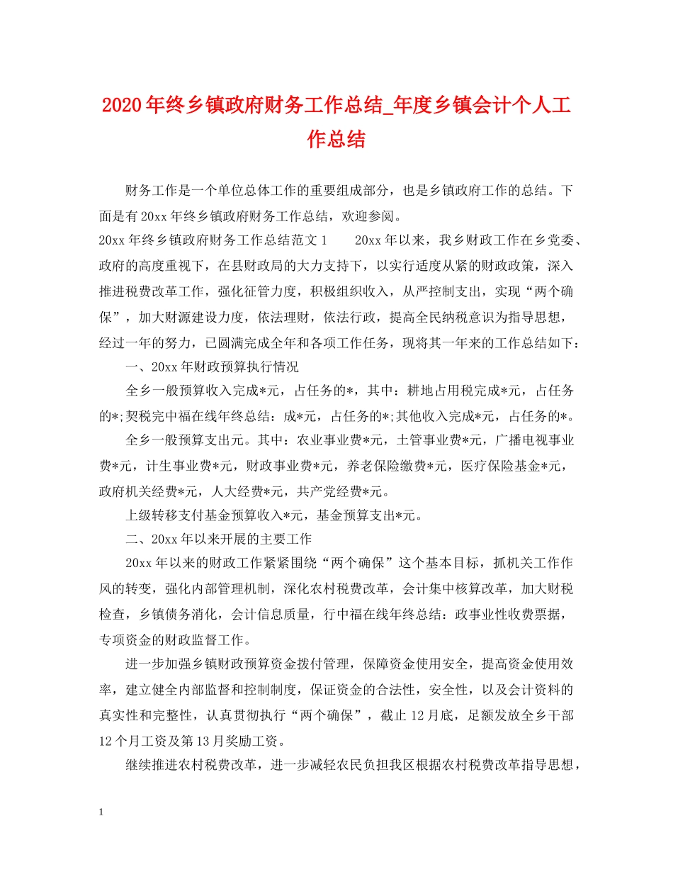 2020年终乡镇政府财务工作总结_年度乡镇会计个人工作总结 _第1页