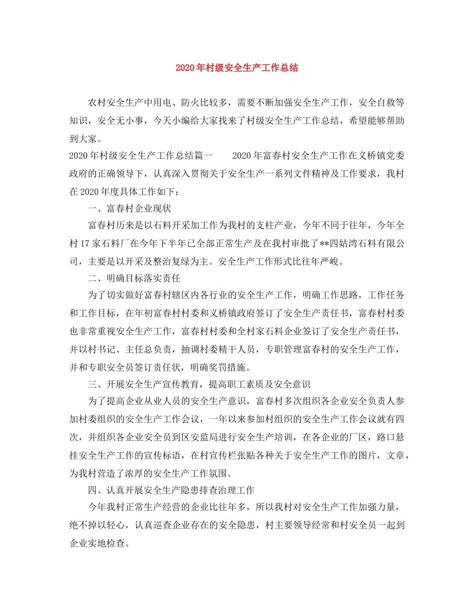 2020年村级安全生产工作总结 _第1页