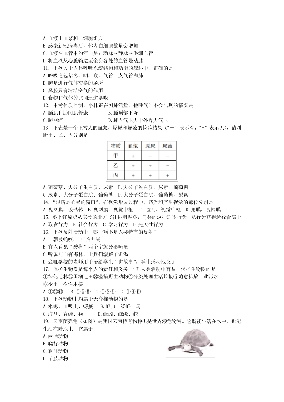 2023年云南省昭通市永善县三模生物试题(含答案) _第2页