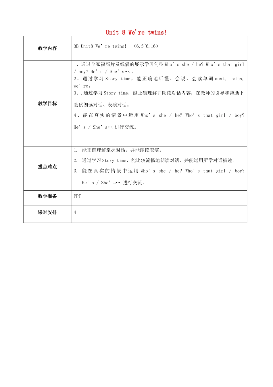 三年级英语下册 Unit 8 We're twins教案 牛津译林版-牛津版小学三年级下册英语教案_第1页