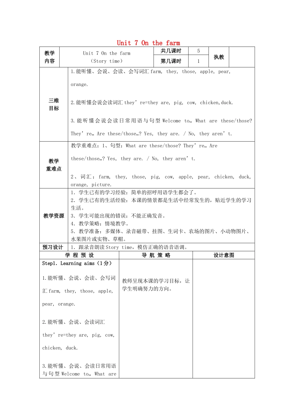 三年级英语下册 Unit 7 On the farm教案 牛津译林版-牛津版小学三年级下册英语教案_第1页