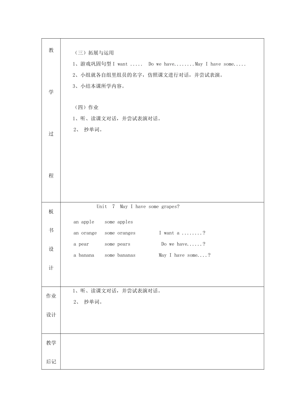 三年级英语下册 Unit 7 Dialogue May I have some grapes教案设计 广州版-广州版小学三年级下册英语教案_第2页