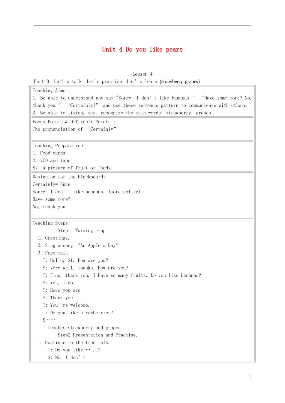 三年级英语下册 Unit 4 Lesson 4教案 人教PEP_第1页