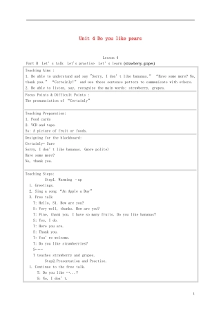 三年级英语下册 Unit 4 Lesson 4教案 人教PEP