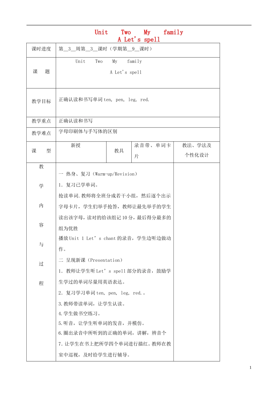 三年级英语下册 Unit 2 Two family（A）Let's spell（第三课时）教案 人教PEP版_第1页