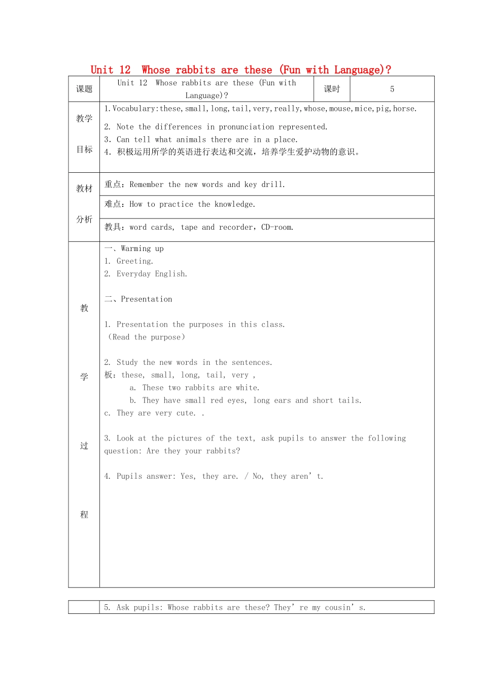三年级英语下册 Unit 12 Whose rabbits are these （Fun with Language）教案设计 广州版-广州版小学三年级下册英语教案_第1页