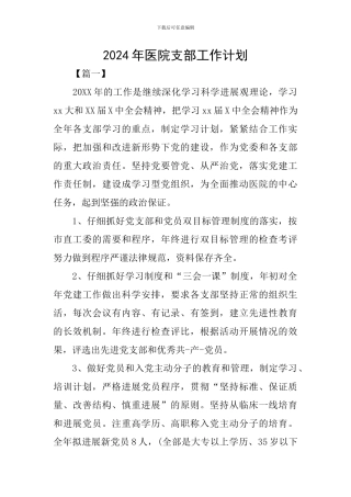 2024年医院支部工作计划