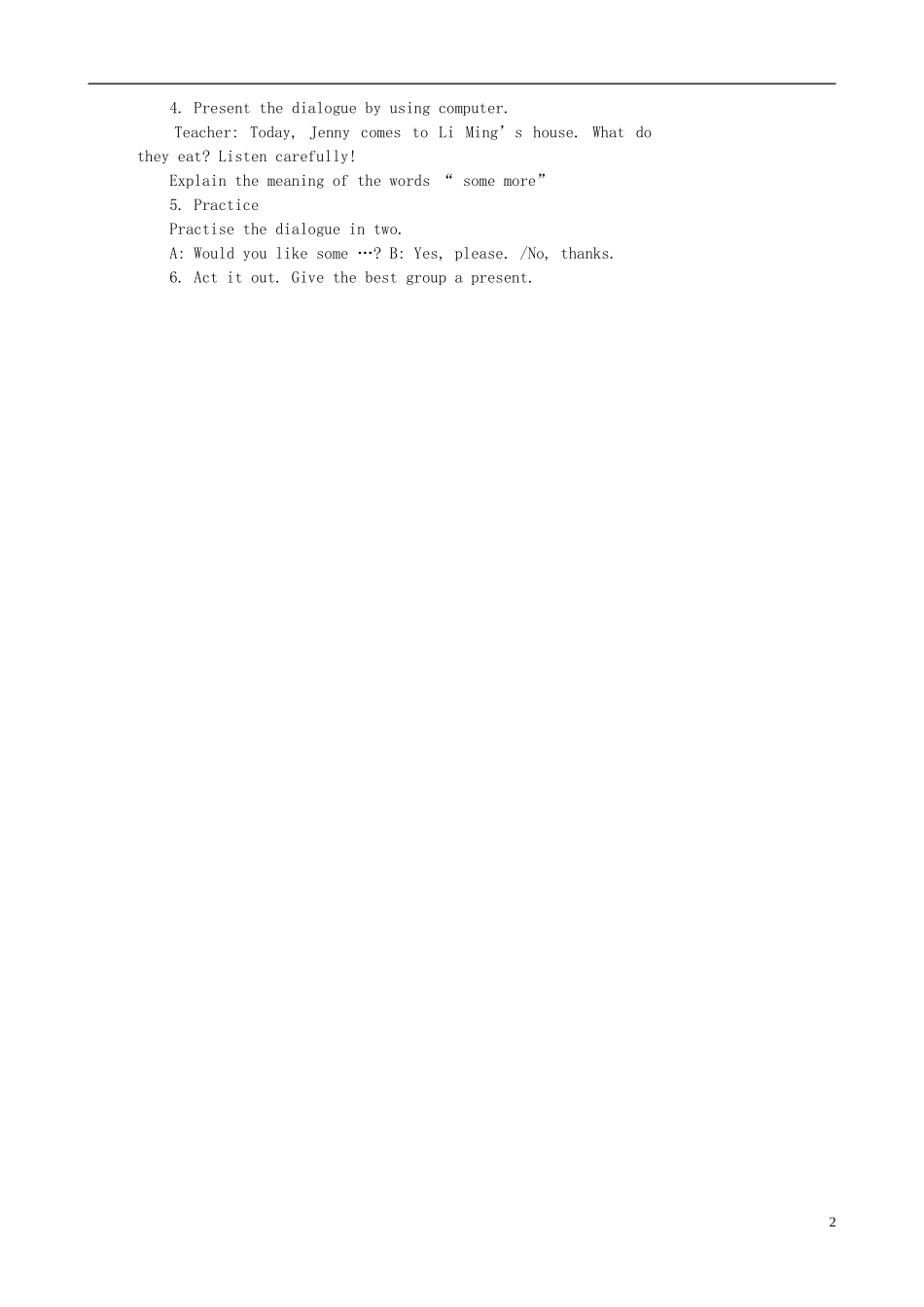 三年级英语下册 Unit 1 Lesson 3 Would you like some soup？教案1 冀教版_第2页