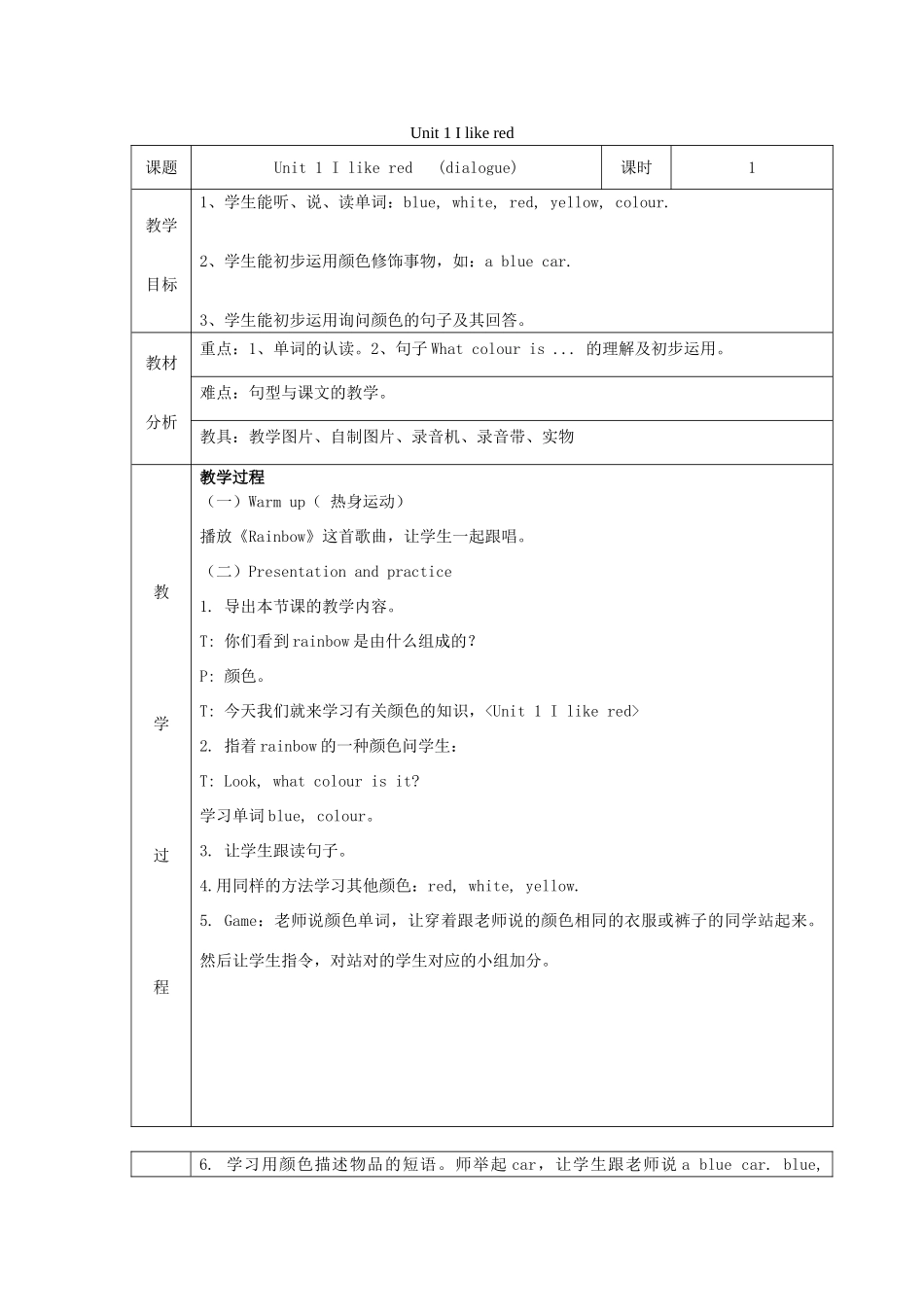 三年级英语下册 Unit 1 I like red(dialogue)教案设计 广州版-广州版小学三年级下册英语教案_第1页