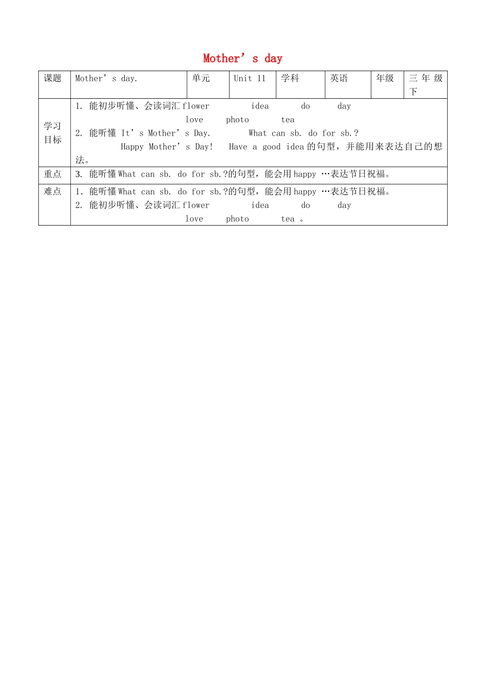 三年级英语下册 Moudle 4 Things we enjoy Unit 11 Mother's day（第1课时）教案 牛津深圳版-牛津深圳版小学三年级下册英语教案_第1页