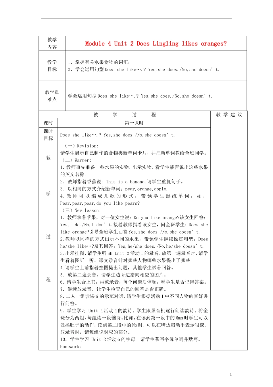 三年级英语下册 Module4 Unit2 Does Lingling likes oranges？教案（1） （新版）外研版_第1页