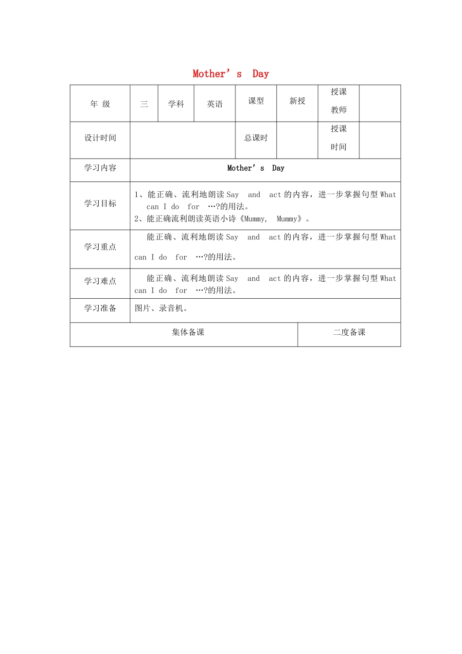 三年级英语下册 Module 4 Things we enjoy Unit 11《Mother’s Day》教案2 牛津上海版（三起）-牛津上海版小学三年级下册英语教案_第1页