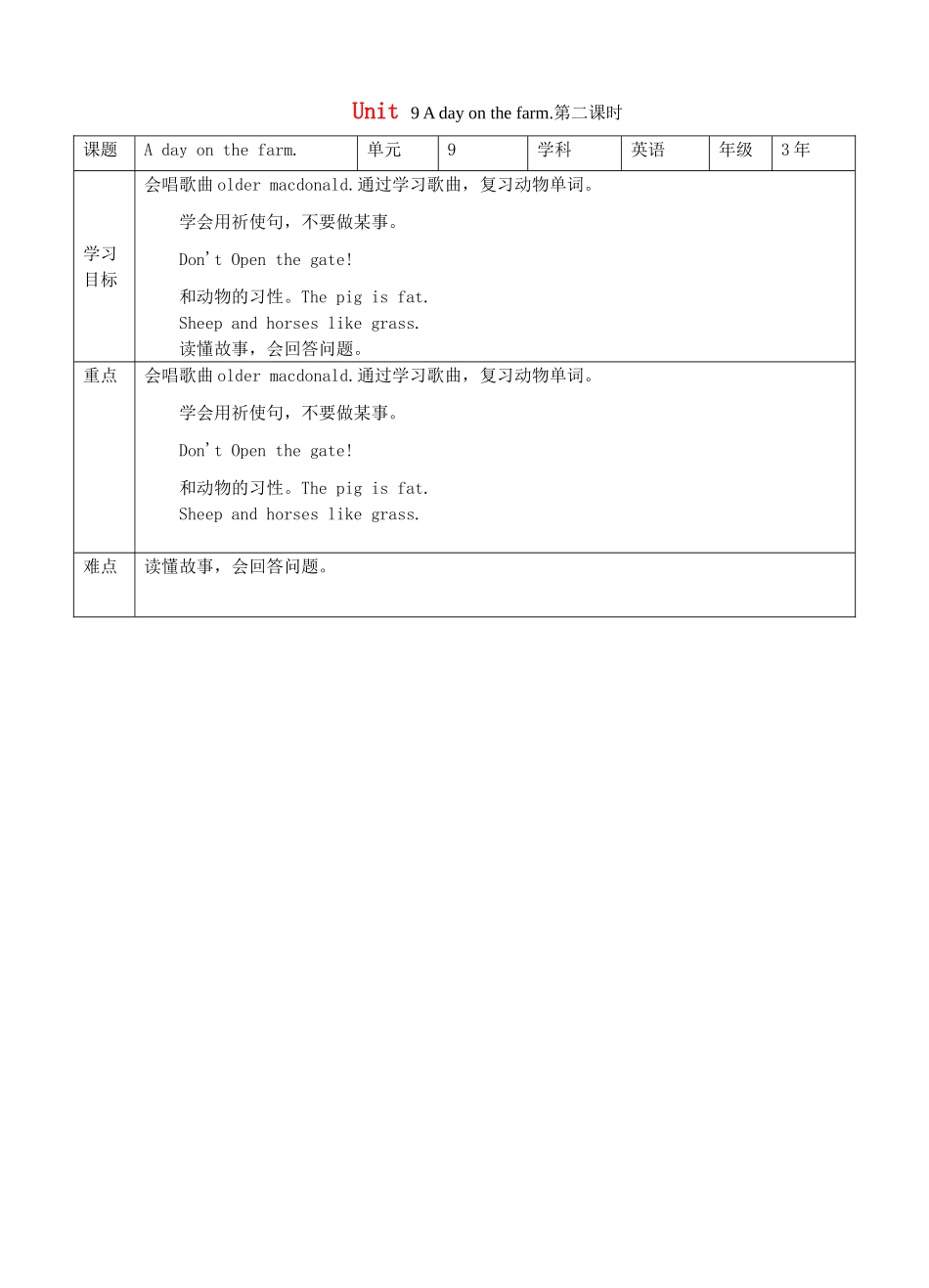 三年级英语下册 Module 3 My colourful life Unit 9 A day on the farm（第2课时）教案 牛津深圳版-牛津深圳版小学三年级下册英语教案_第1页