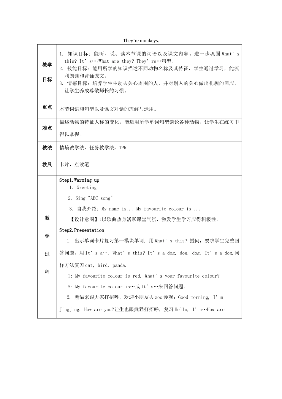 三年级英语下册 Module 2 Unit 1《They’re monkeys》教案 外研版（三起）-外研版小学三年级下册英语教案_第1页