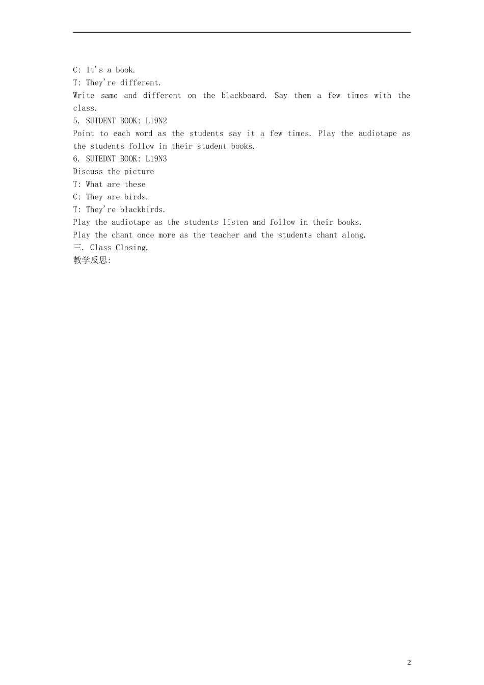 三年级英语下册 lesson3 Birds and fish教案 （新版）冀教版_第2页