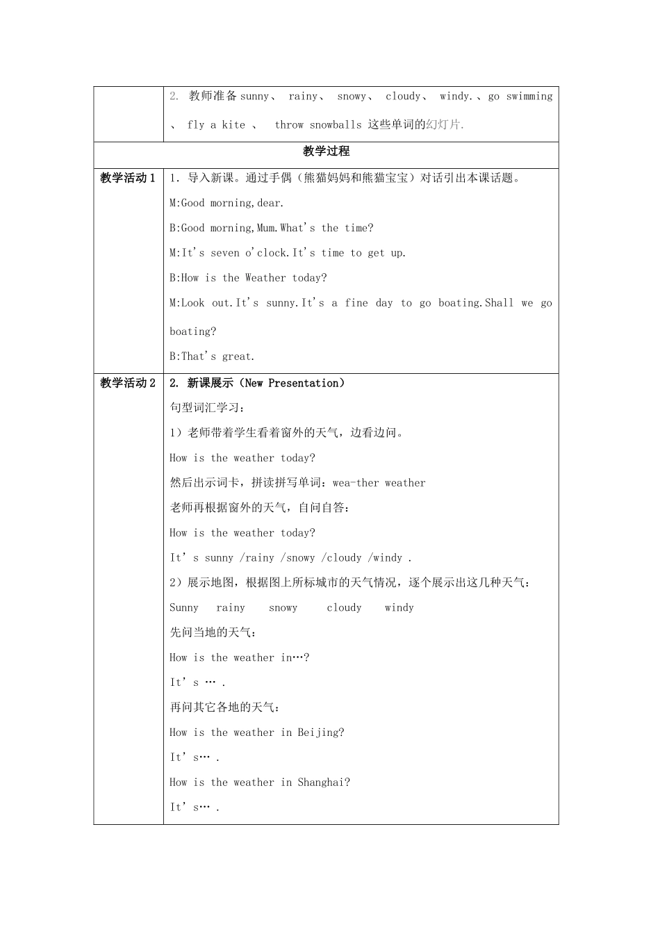 三年级英语下册 Lesson I How's the weather教案1 川教版（三起）-川教版小学三年级下册英语教案_第2页