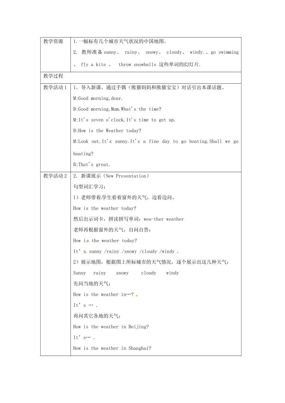 三年级英语下册 Lesson I How's the weather教案5 川教版（三起）-川教版小学三年级下册英语教案_第2页