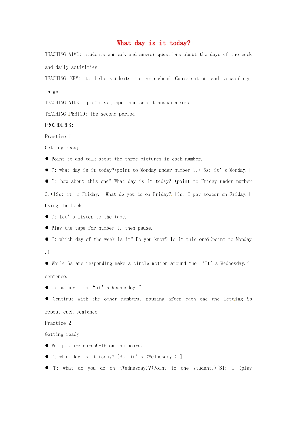 三年级英语下册 Lesson H What day is today教案5 川教版（三起）-川教版小学三年级下册英语教案_第1页