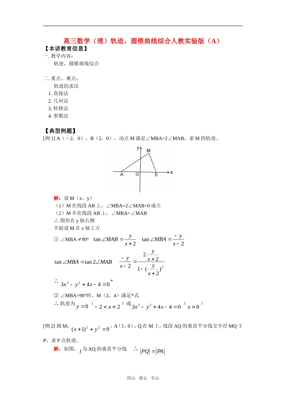 高三数学（理）轨迹，圆锥曲线综合人教实验版（A）知识精讲_第1页