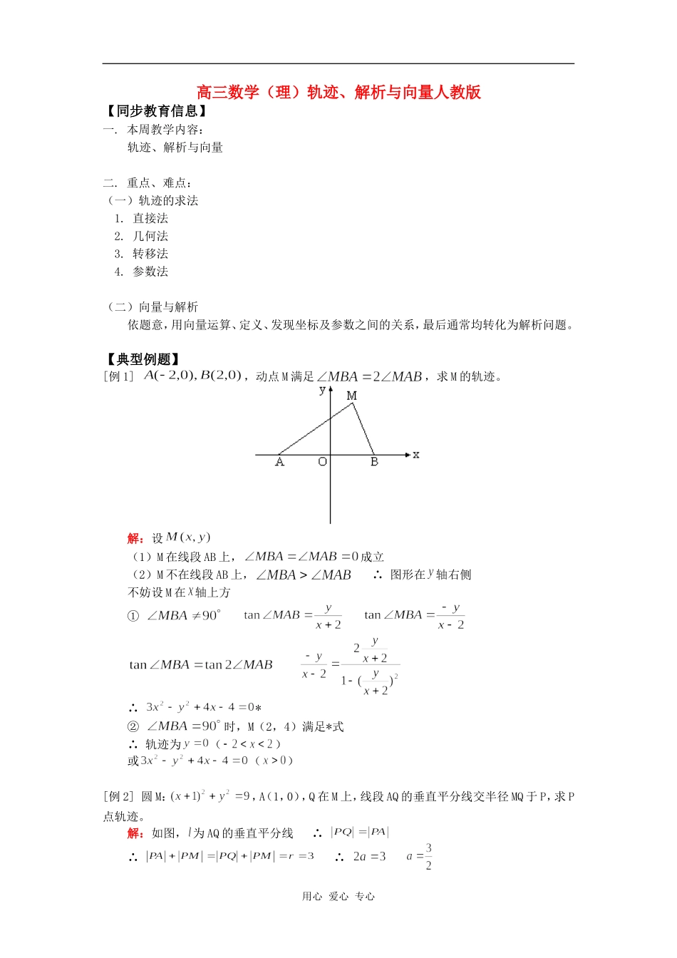 高三数学（理）轨迹、解析与向量人教版知识精讲_第1页