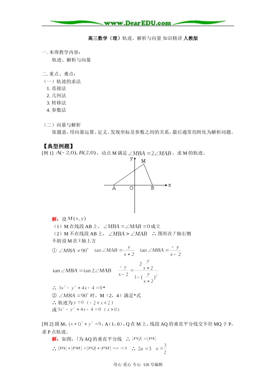 高三数学（理）轨迹、解析与向量 知识精讲 人教版_第1页