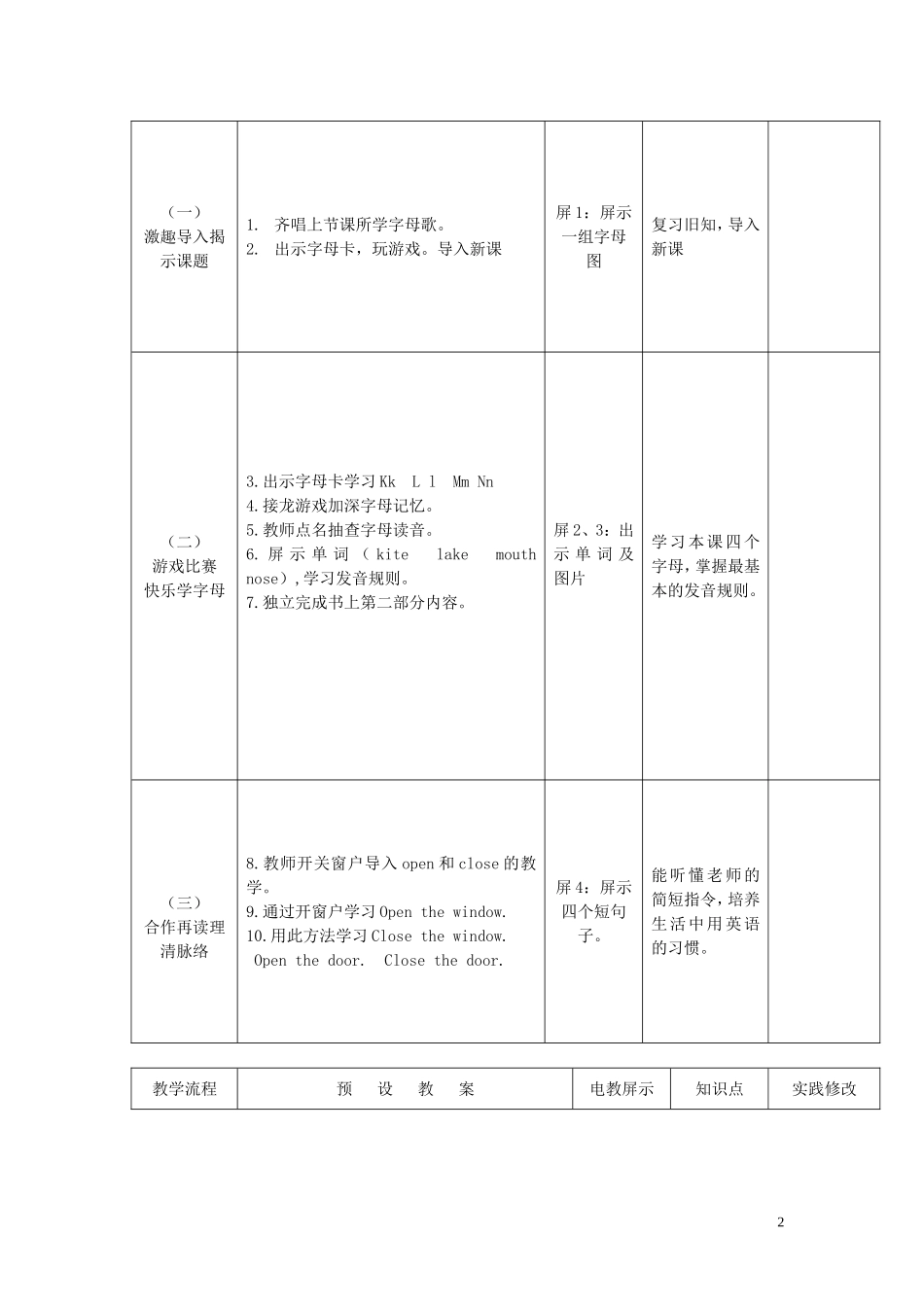 三年级英语上册《Lesson 9 Open and Close》教案 冀教版_第2页