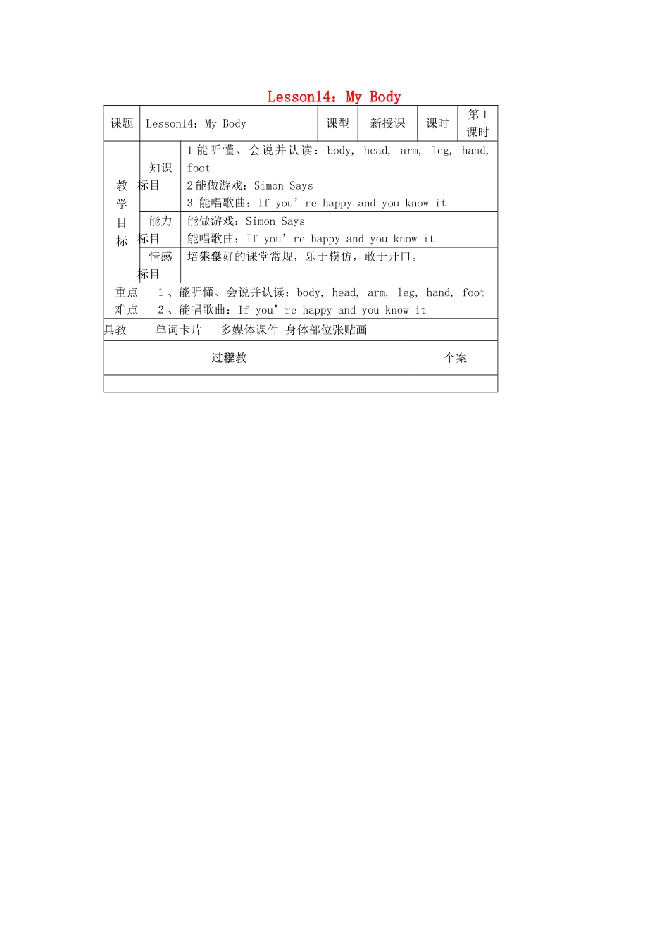三年级英语上册《Lesson 14 My Body》教案 冀教版_第1页