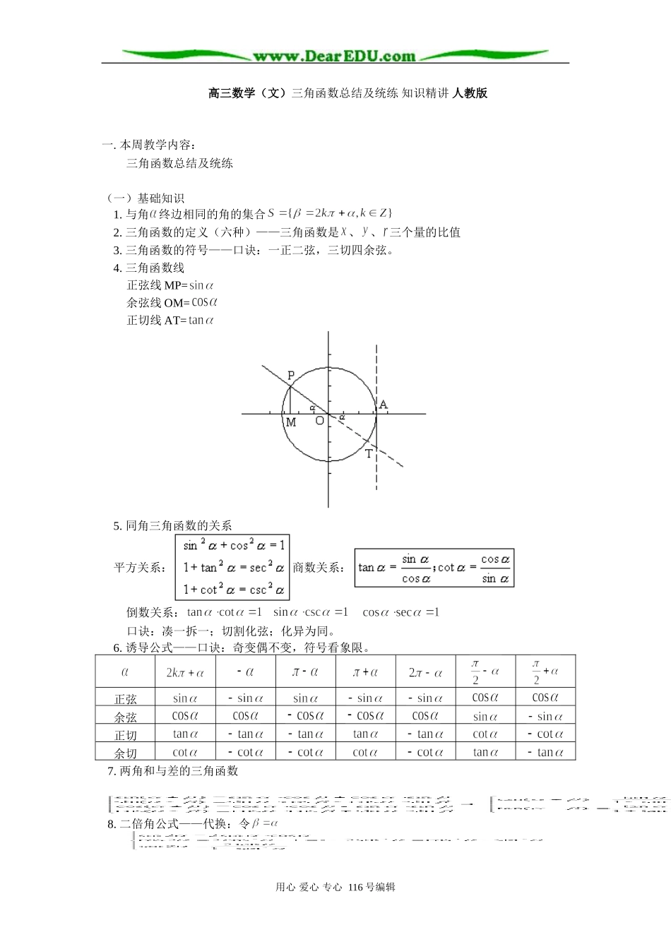 高三数学（文）三角函数总结及统练 知识精讲 人教版_第1页