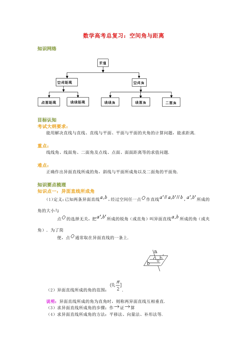 高三数学高考总复习：空间角与距离_第1页