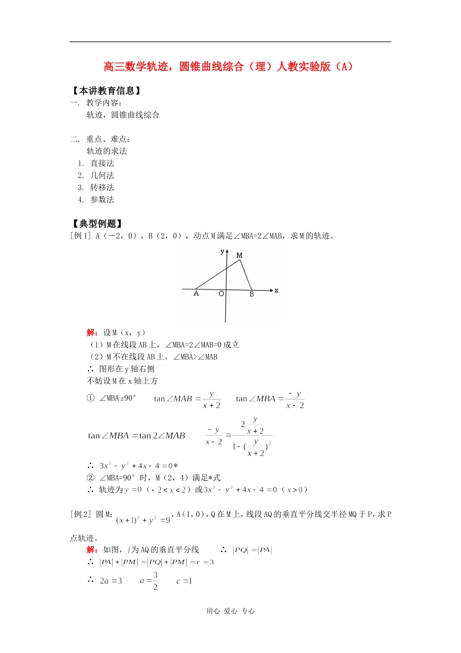 高三数学轨迹，圆锥曲线综合（理）人教实验版（A）知识精讲_第1页