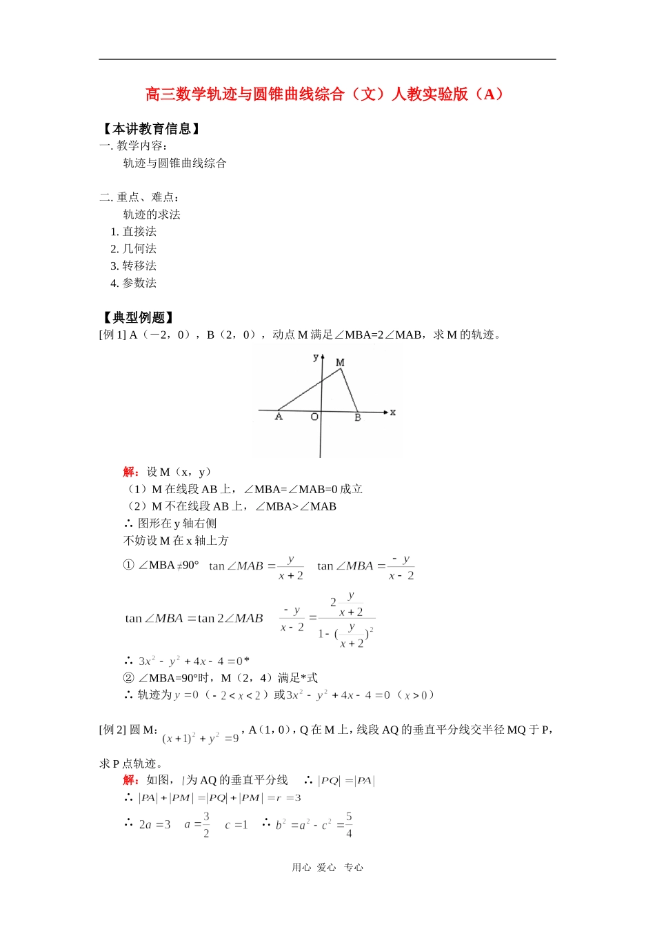 高三数学轨迹与圆锥曲线综合（文）人教实验版（A）知识精讲_第1页