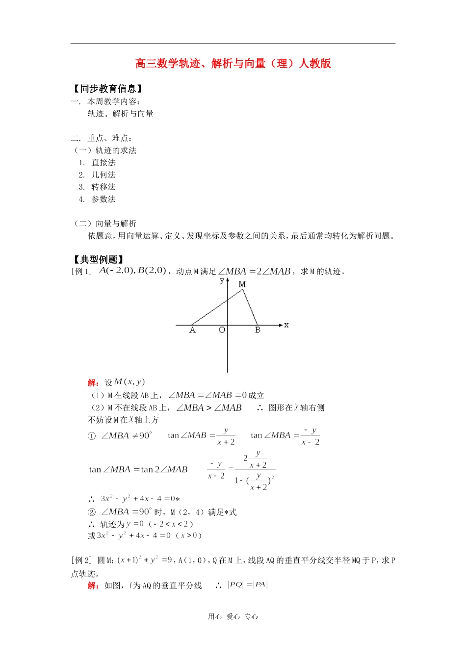高三数学轨迹、解析与向量（理）人教版知识精讲_第1页