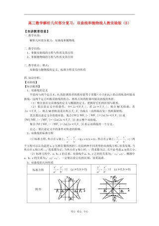 高三数学解析几何部分复习：双曲线和抛物线人教实验版（B）