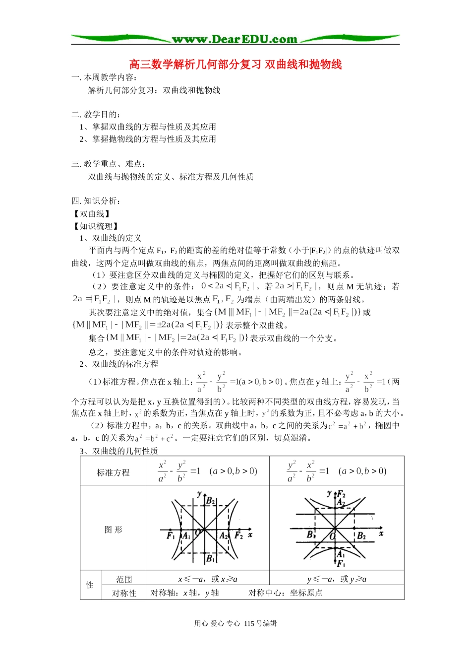 高三数学解析几何部分复习 双曲线和抛物线 人教实验版B_第1页